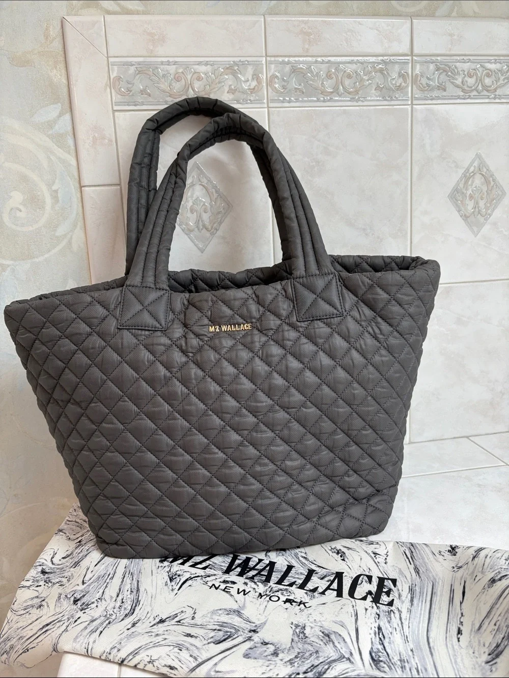 MZ Wallace Metro Tote Quilted Shoulder Bag in Charcoal Gray
